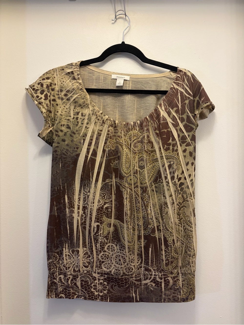 Dressbarn Abstract Print Top Women's M Brown Tan Green Short Sleeve Stretch Boho